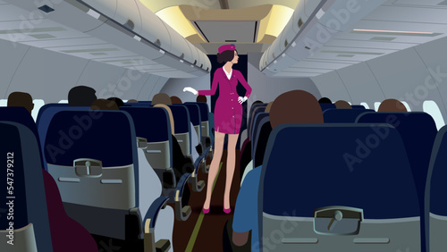 The stewardess on board the aircraft serves passengers. Vector.