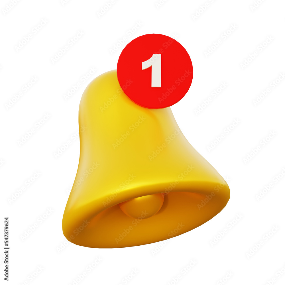 Yellow Minimal Notification bell icon. Social Media element. 3d rendering. One new notification concept. Social media reminder. 
