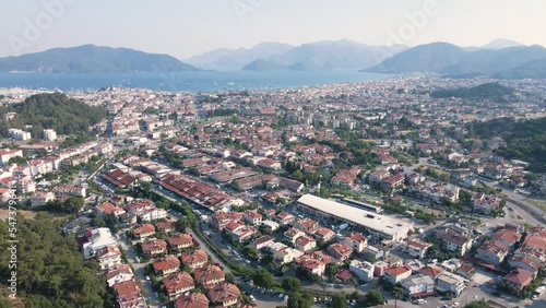 Beautiful seashore. Islands in the distance. Colorful blue sea. The beauty of Turkey. Beautiful rocks and mountains. Sunny clear day. Beautiful water.
