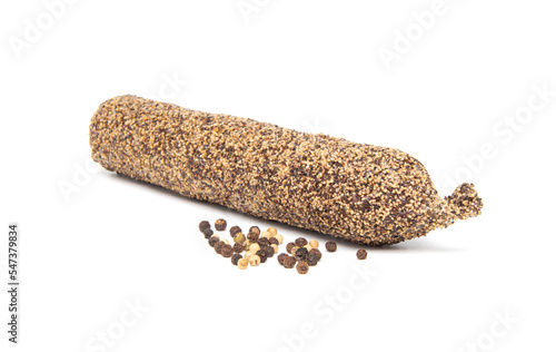 Peppered salami sausage isolated on white background