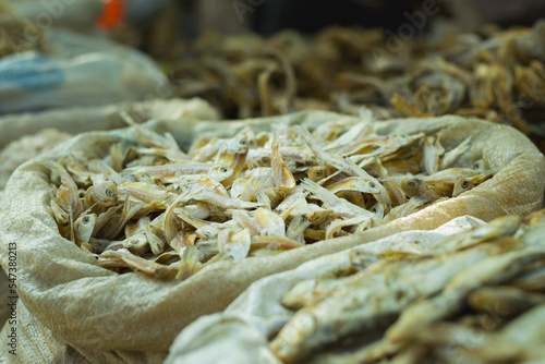 dried shrimps or krills kept in a sack in fish markets of india.