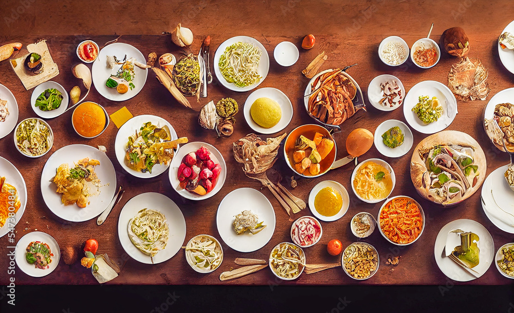 table filled with various types of food - obrazy, fototapety, plakaty 