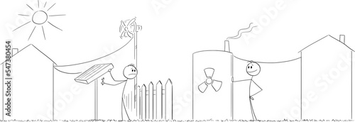 Solar Panel, Wind Turbine and Small Modular Nuclear Reactor to Power Family House, Vector Cartoon Stick Figure Illustration