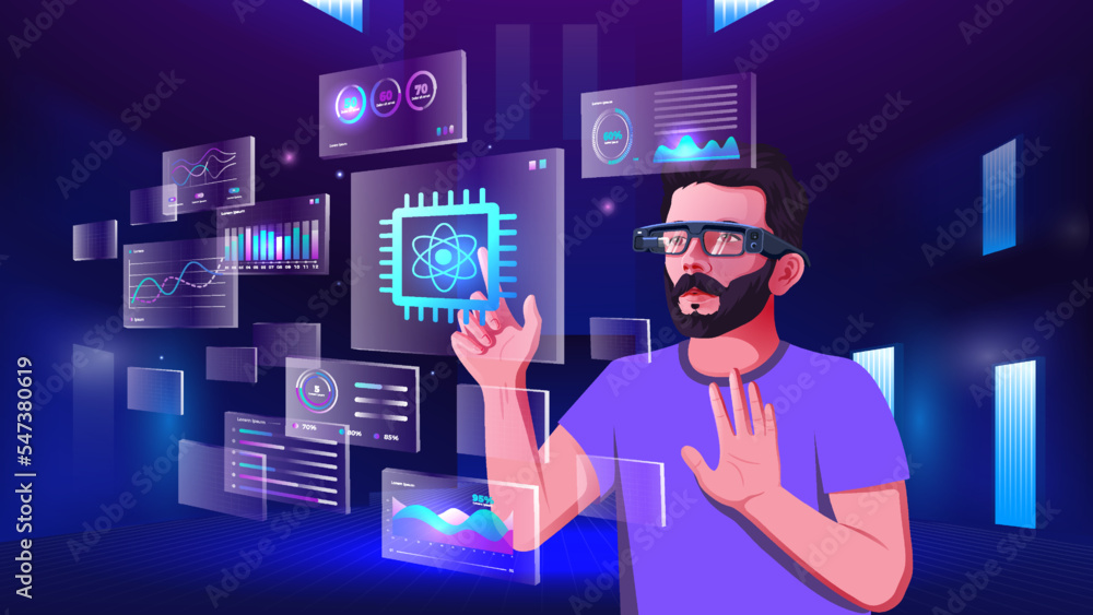 A young man exploring and visualizing the Network technology, NFTs, Blockchain, Infographics and Future Communication concepts with Metaverse Digital Augmented Reality Technology -Vector illustration A young man exploring and visualizing the Network technology, NFTs, Blockchain, Infographics and Future Communication concepts with Metaverse Digital Augmented Reality Technology -Vector illustration