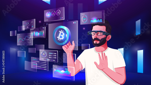 A young man exploring and visualizing the Cryptocurrency, NFTs, Blockchain, Infographics and Future Communication concepts with Metaverse Digital Augmented Reality Technology -Vector illustration