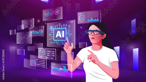 A young man exploring and visualizing the NFTs, Blockchain, Cryptocurrency, Infographics and Future Communication concepts with Metaverse Digital Augmented Reality Technology -Vector illustration