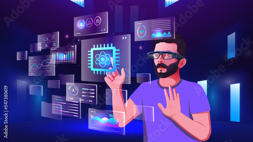 A young man exploring and visualizing the Network technology, NFTs, Blockchain, Infographics and Future Communication concepts with Metaverse Digital Augmented Reality Technology -Vector illustration