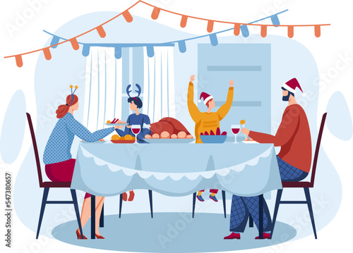 Family sitting on table dinner people celebration Christmas, Happy New Year holiday, merry christmas, active holiday family time vector illustration
