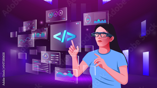 A young woman exploring and visualizing the Network programming  technology, NFTs, Blockchain, Cryptocurrency and Infographics with Metaverse Digital Augmented Reality Technology -Vector illustration