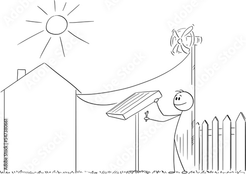Person Installing Solar Panel and Wind Turbine on the Garden, Vector Cartoon Stick Figure Illustration