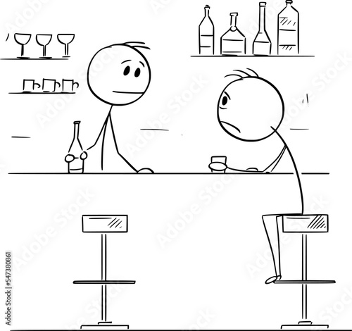 Frustrated or Sad Person Sitting on Bar, Vector Cartoon Stick Figure Illustration