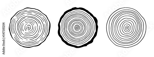 Tree ring wood circle set. Hand drawn tree ring pattern, line ripple circle wood texture. Wood organic slice line design. Vector illustration.