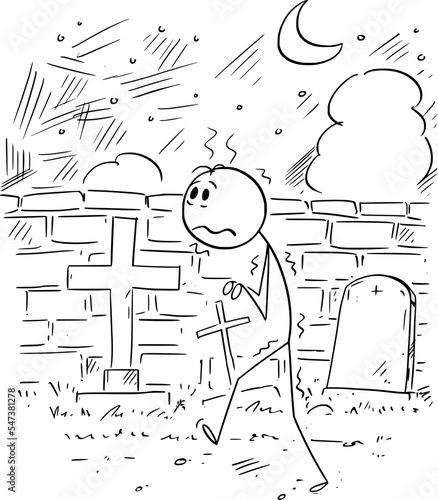 Frightened Person on Cemetery, Vector Cartoon Stick Figure Illustration