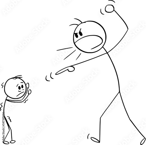 Man or Father Yelling at Small Child or Boy, Vector Cartoon Stick Figure Illustration