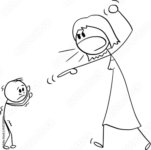 Woman or Mother Yelling at Small Child or Boy, Vector Cartoon Stick Figure Illustration