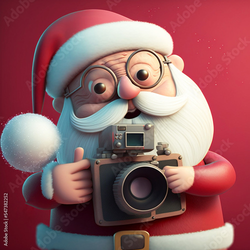 A relaxed, happy Santa Claus wearing glasses and taking photographs, isolated on a colored background. Generative AI