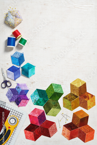 Preparing of bright diamond pieces of fabrics for sewing quilt, sewing and quilting accessories