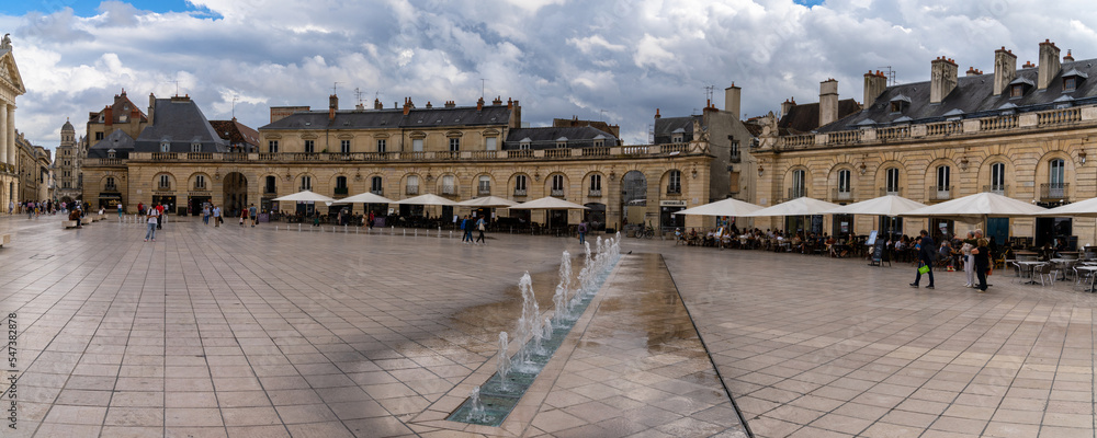 panorama view of the Place de la Liberacion Square in the old city center of Dijon under a stormy sky