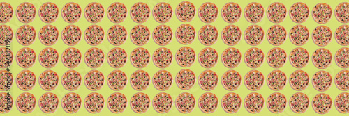 A pattern of many Italian pizzas, on a green background, with an aspect ratio of 3:1