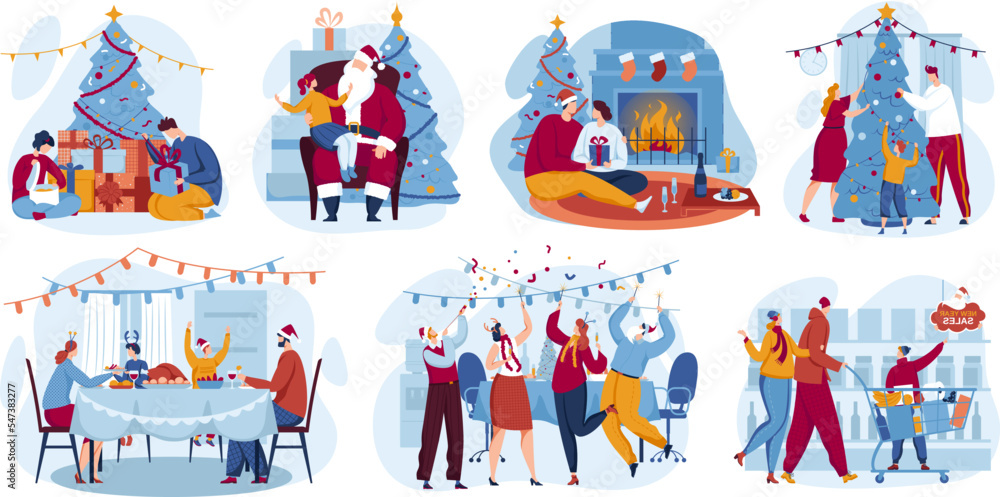 Joyful people celebration new year holiday, merry christmas, active holiday, cartoon style vector illustration, isolated on white. Joyful people celebration new year holiday, merry christmas, active holiday, cartoon style vector illustration, isolated on white.