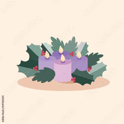 Advent wreath with burning candles for the Christmas time vector illustration. Four purple advent candles with leaves and berries.