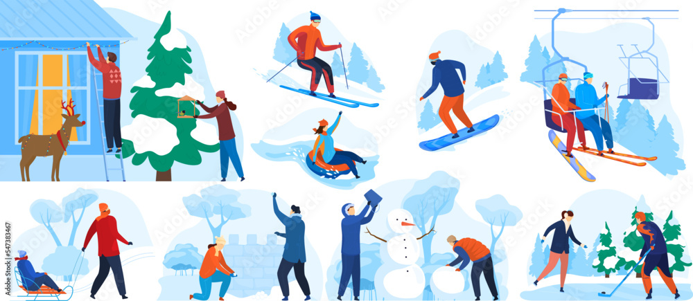 Winter christmas fun skiing skates snowballs outdoor people. Skiing in winter, ice skating, playing snowballs outdoors, active season cartoon style vector illustration isolated on white