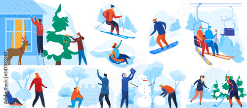 Winter christmas fun skiing skates snowballs outdoor people. Skiing in winter  ice skating  playing snowballs outdoors  active season cartoon style vector illustration isolated on white