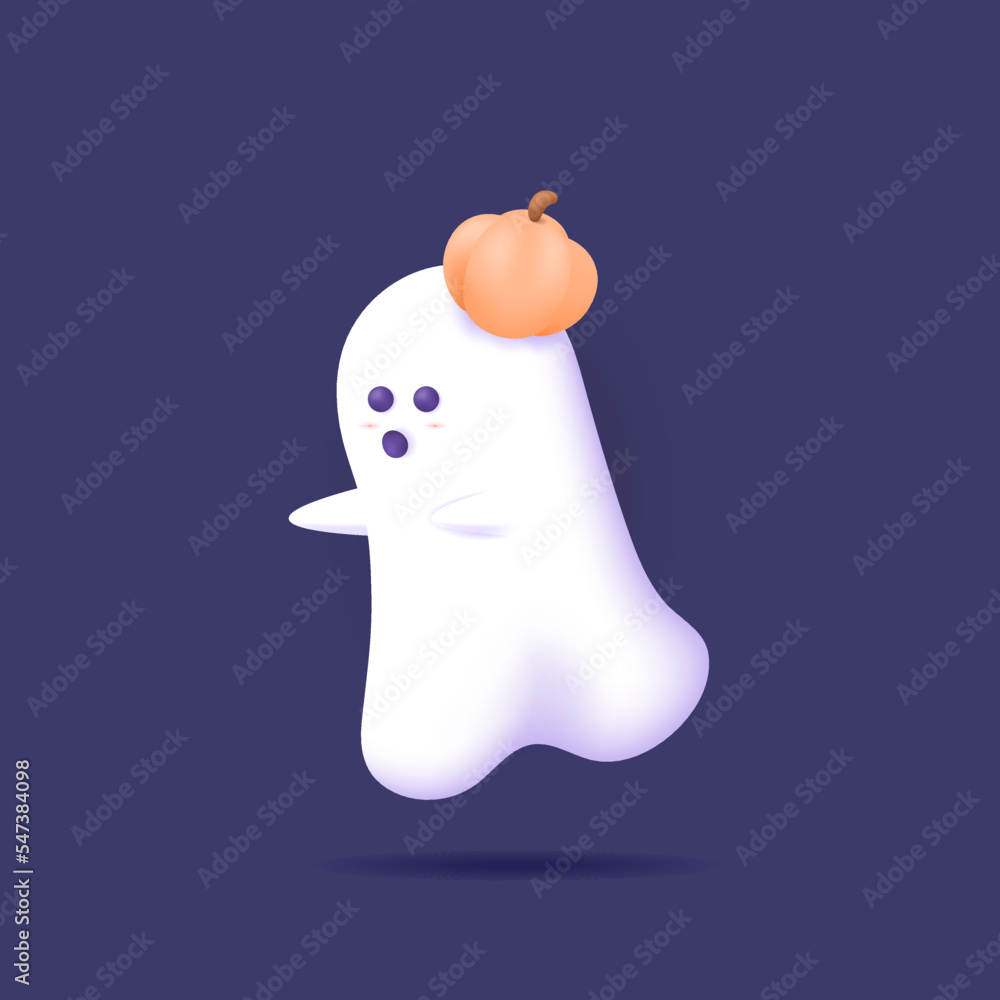 Obraz premium white ghost wearing a pumpkin hat. a ghost trying to scare. cute, fanny, and adorable ghost characters. Halloween element design, posters, banners, events and festivals. 3d vector illustration