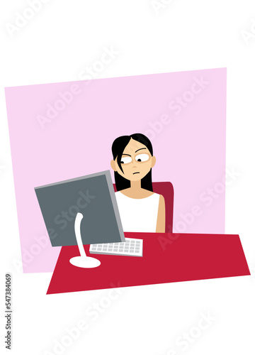 Office. Boring job. Tired woman looks at the monitor screen. Vector image for prints, poster and illustrations.