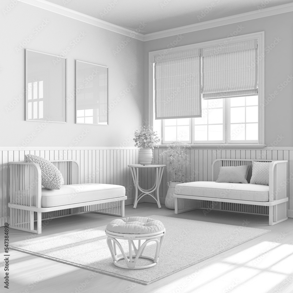 Total white project draft, japandi wooden living room. Wooden sofa and