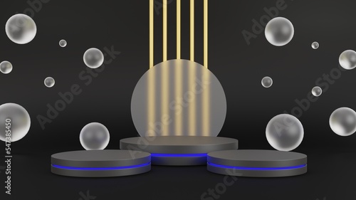 Black podium and blue neon lights with soap bubbles For presenting products, fashion, perfume, cosmetics, 3D renderings.
