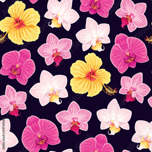 Pink and yellow orchids vector seamless pattern
