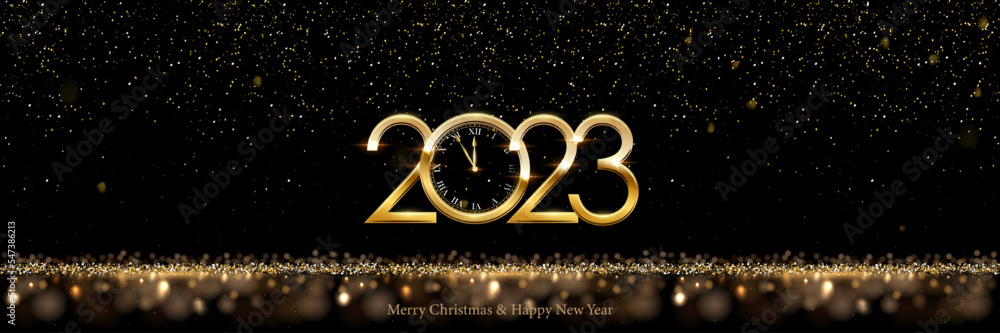 2023 Happy New Year clock countdown background. Gold glitter shining in light with sparkles abstract celebration. Greeting festive card vector illustration. Merry holiday poster or wallpaper design - obrazy, fototapety, plakaty 