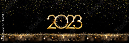 2023 Happy New Year clock countdown background. Gold glitter shining in light with sparkles abstract celebration. Greeting festive card vector illustration. Merry holiday poster or wallpaper design