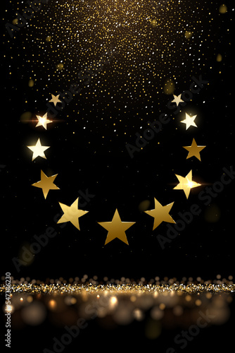 Winner nomination award with gold stars circle vector illustration. Luxury reward or certificate poster with golden falling glitter confetti decoration and glow light effect background.