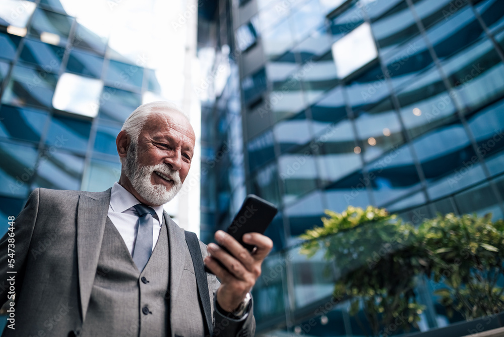 Smiling entrepreneur socializing on mobile phone while standing against business office building. Smiling entrepreneur socializing on mobile phone while standing against business office building.