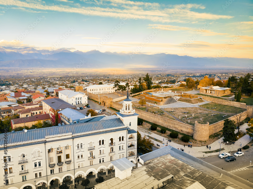Telavi, Georgia - 6th novermber, 2022: Aerial drone panorama of Telavi old town buildings. Telavi is the main city of Kakheti province in Georgia