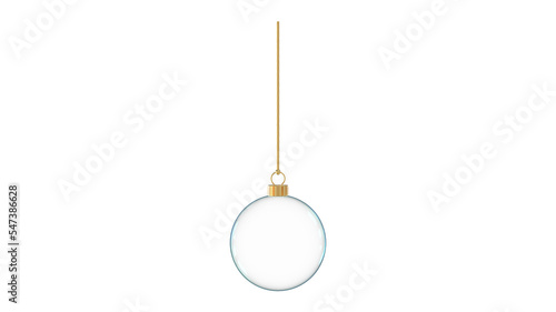 glossy transparent glass christmas ball christmastree hanging teal glow upright 3D rendering isolated golden fastening