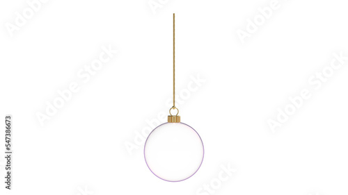 glossy transparent glass christmas ball hanging pink glow upright 3D rendering isolated golden fastening