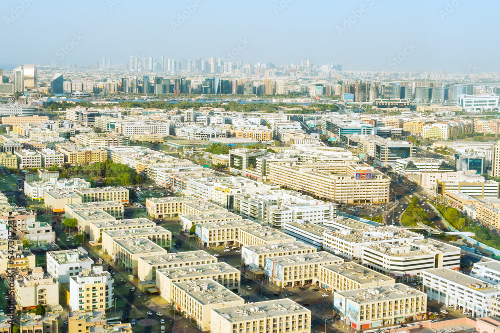 Panoramic view from top of Dubai Frame to old Dubai district and white buildings.Travel in UAE and city old buildings.