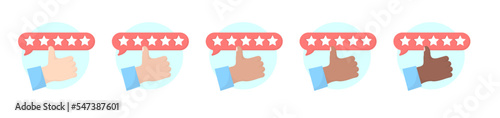 hands with different skin tones show thumb up. Five stars rating. multicultural.
