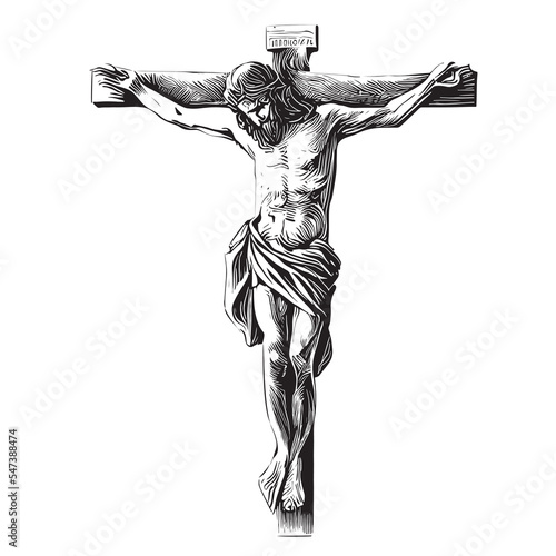 Fototapeta Crucifix cross with jesus sketch hand drawn engraved style religion Vector illus