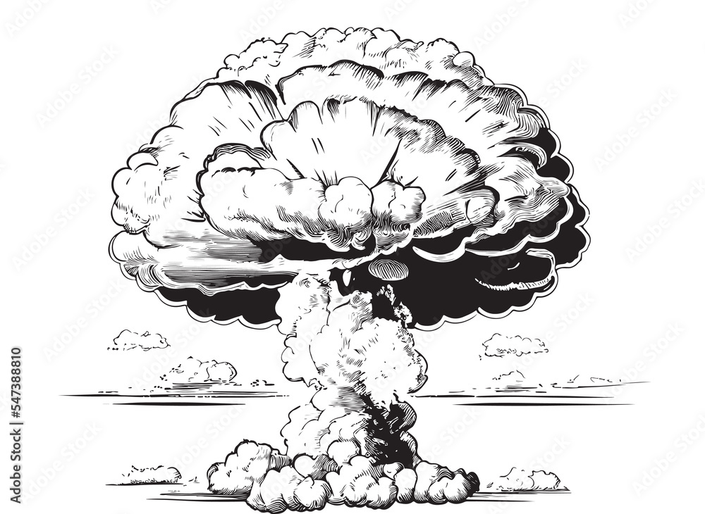 Nuclear explosion hand drawn engraving style sketch Vector illustration