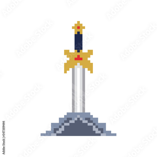 Excalibur sword embedded in stone with pixel style