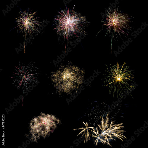 Set of bright colorful fireworks isolated on black background