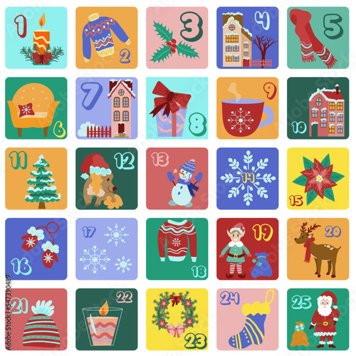 Christmas Advent calendar with hand drawn elements. Vector illustration in a flat cartoon style. Xmas poster.  Numbered poster with Christmas pictures in doodle style