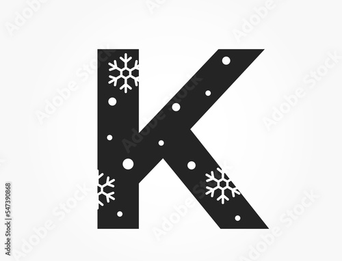 letter k with snowflake and snow. initial letter for Christmas, new year and winter design