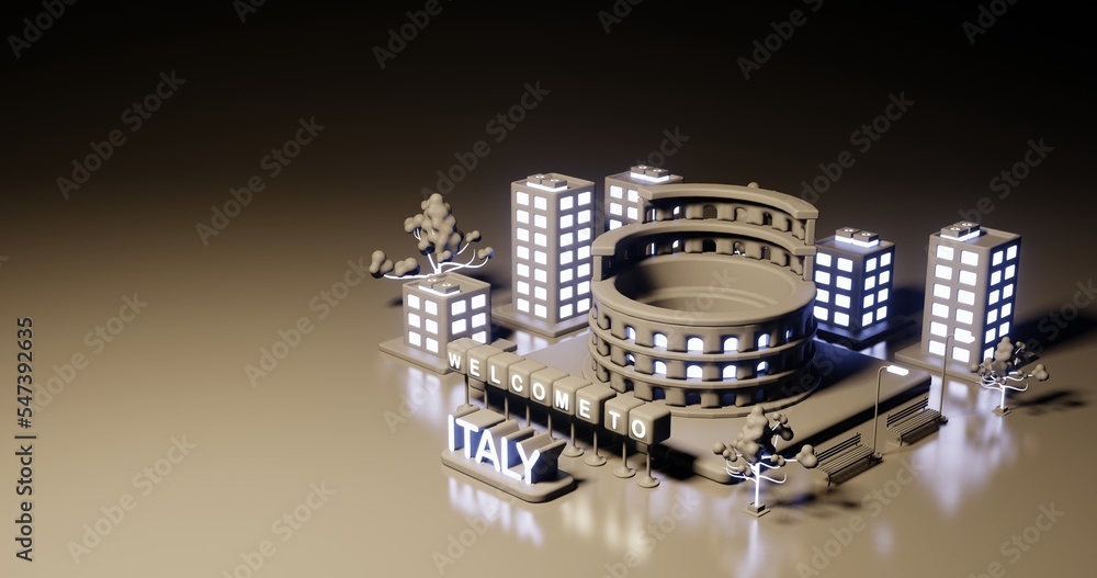 3d illustration Italy and Colosseum as landmark background in neon light style
