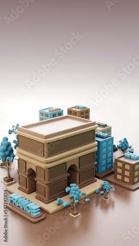 3d illustration Arc de Triomphe as landmark with green space area and France city view
