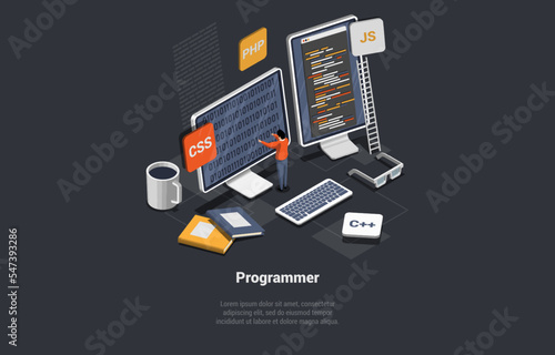 Concept Of IT Sector And Freelance Working. Male Character Developer Coding New Startup, Project Or Application. Programmer Programming Soft and Write Script. Isometric 3d Cartoon Vector Illustration